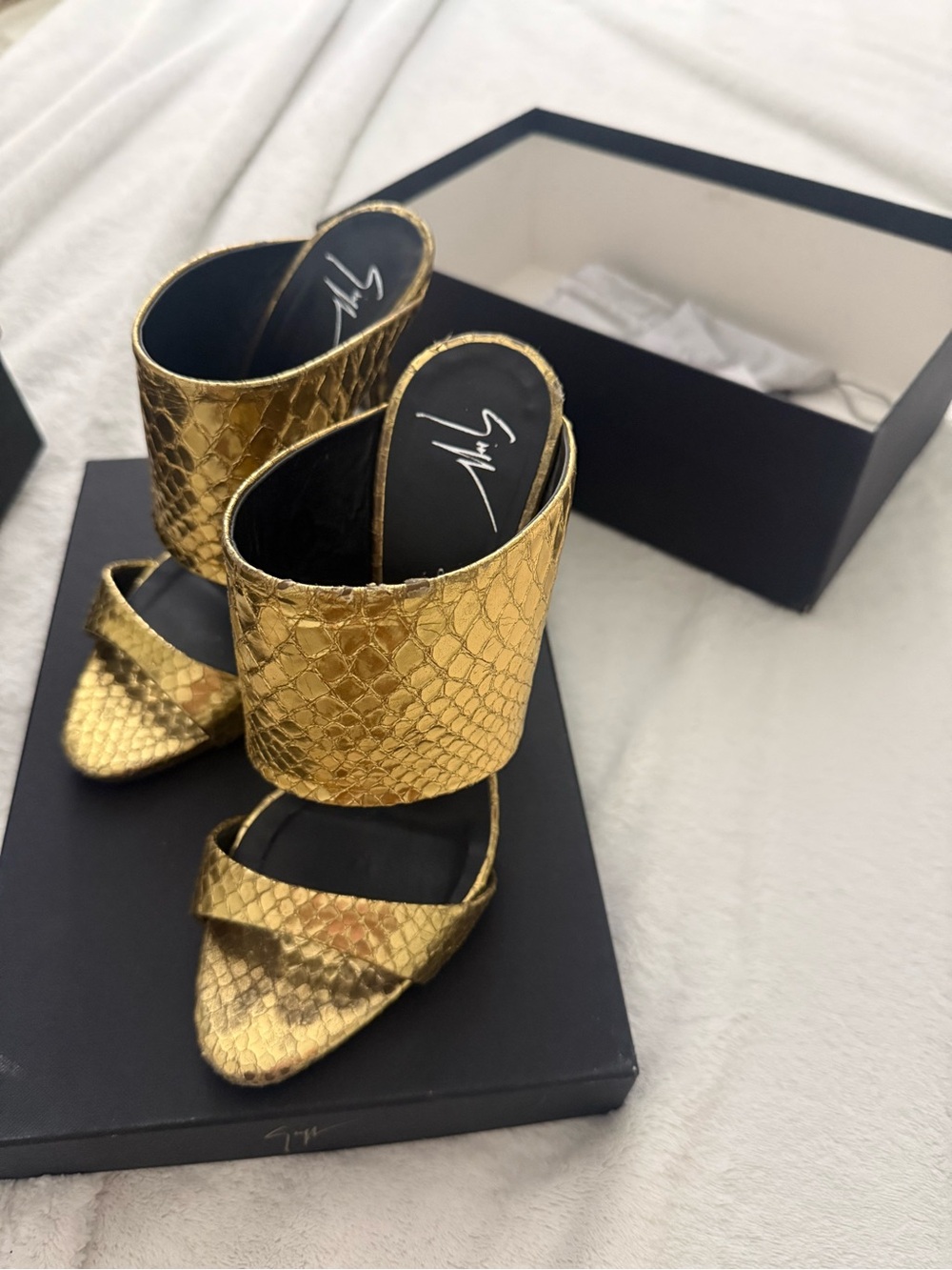 Gold Snake-Embossed High Heel Slide Sandals - Women